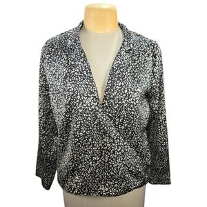 Böhme Animal Print Blouse Women Large Black White Wrap Top Leopard Chic Casual